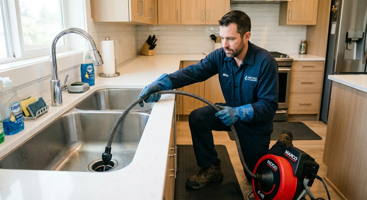 Drain cleaning technician using a motorized snake on a kitchen sink in Jasper