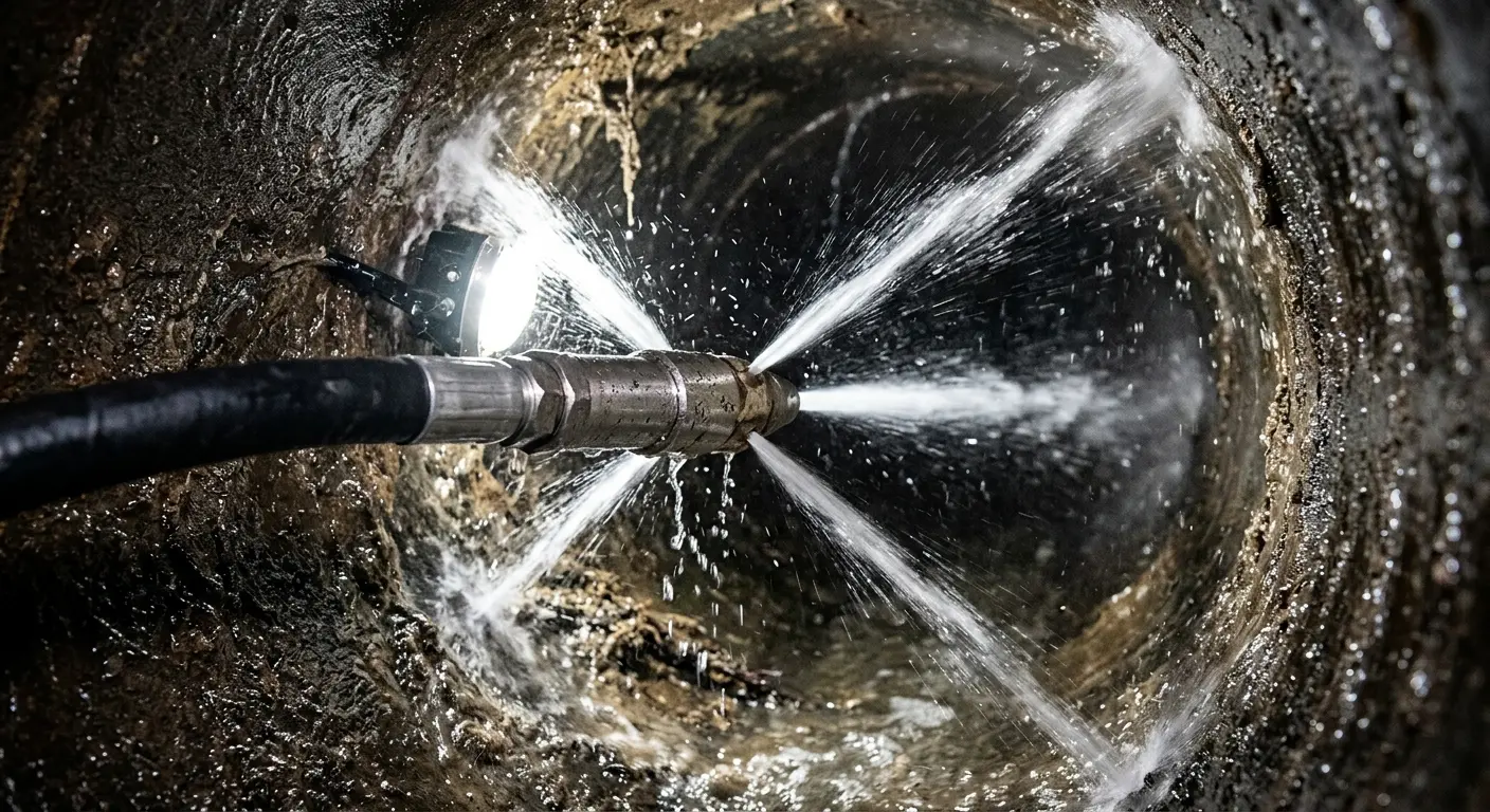 High-pressure hydro jetting nozzle cleaning sewer pipe for Emergency Drain Service in Jasper