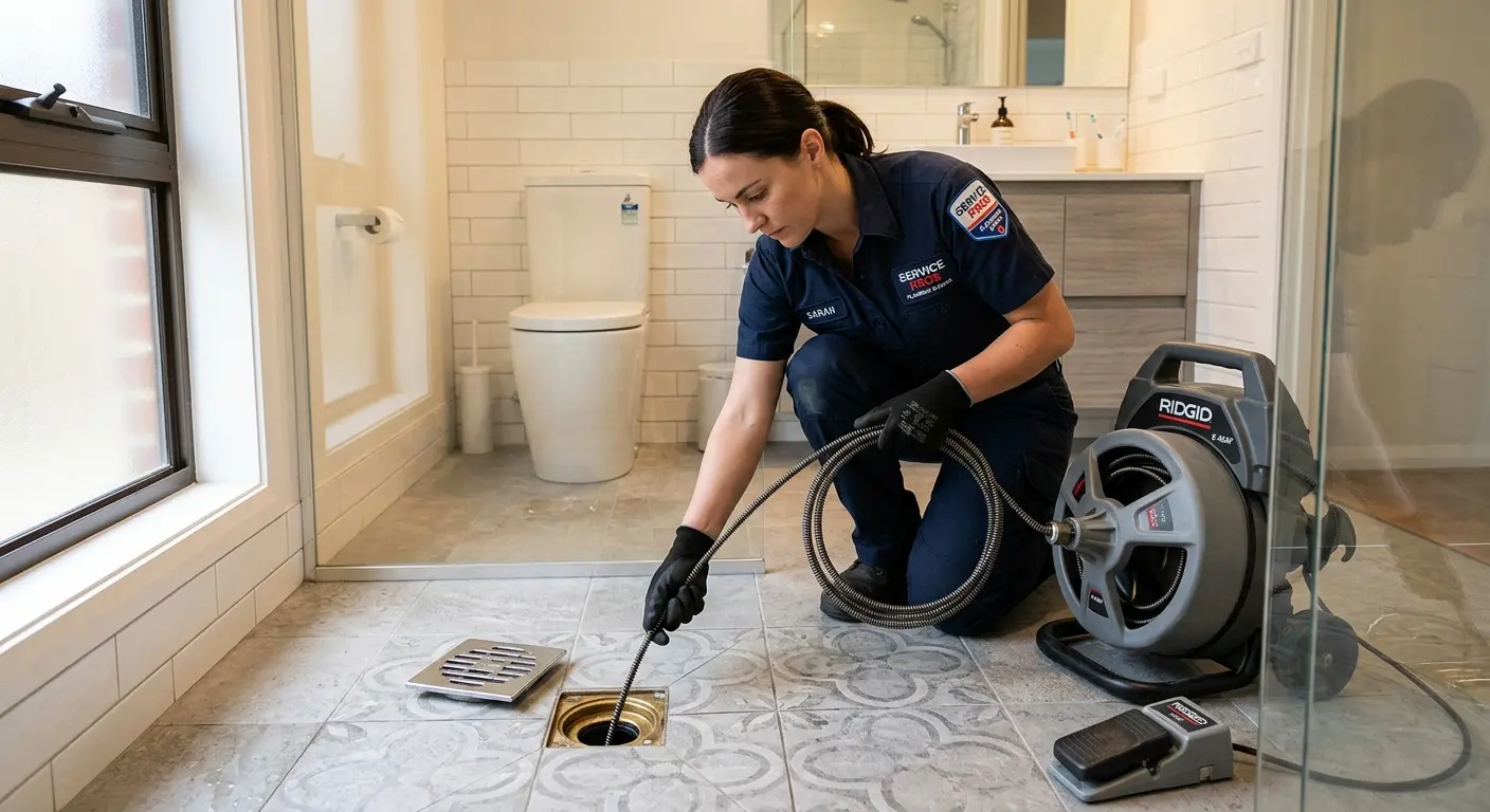 Technician clearing a bathroom floor drain for Sewer Line Installation in Jasper
